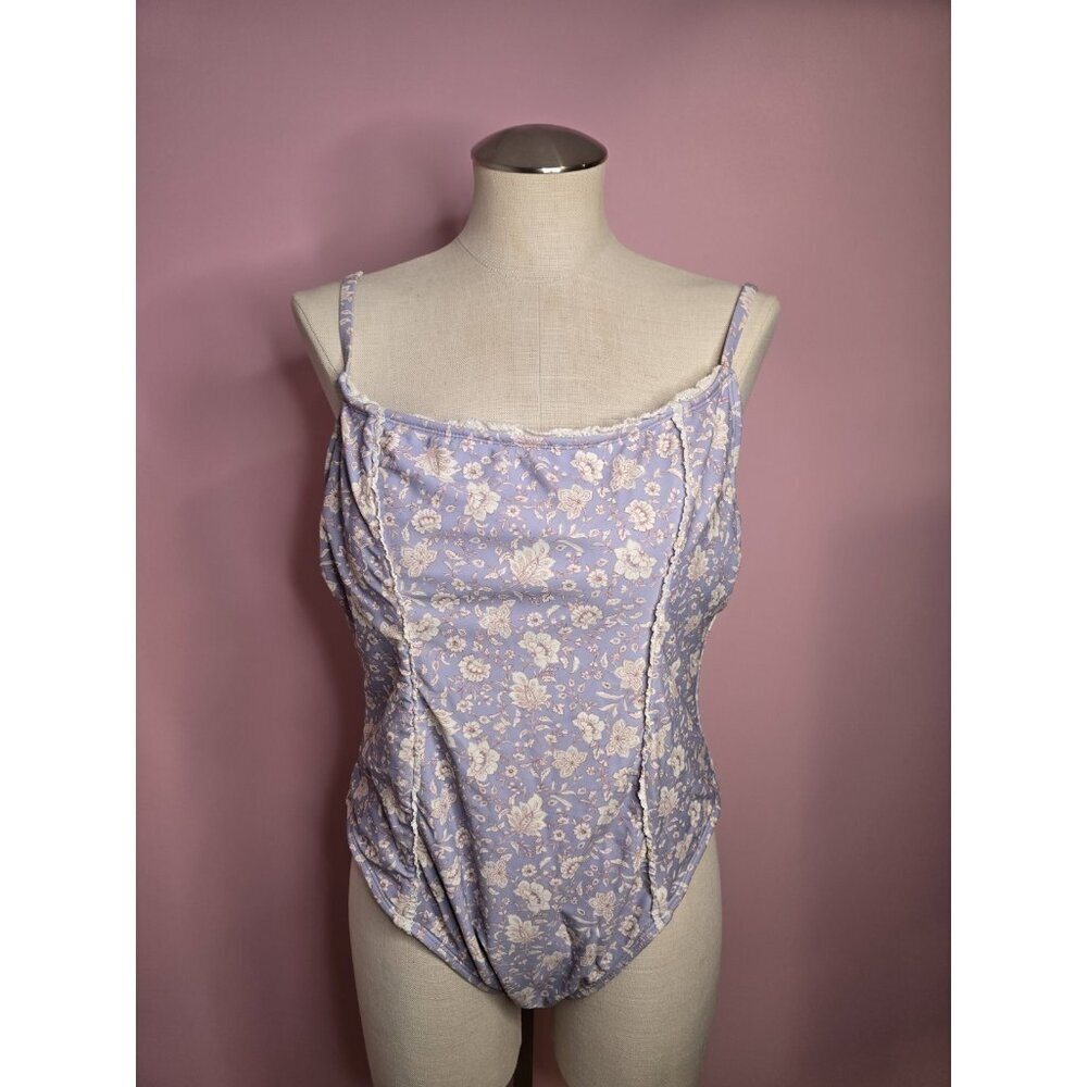 Paisley Print Ruffle Trim High Leg Cheeky One Piece Swimsuit Size Large 12-14